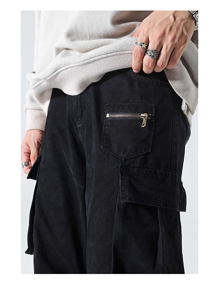 黒パンツ ジップポケット付きミリタリーワイドパンツ