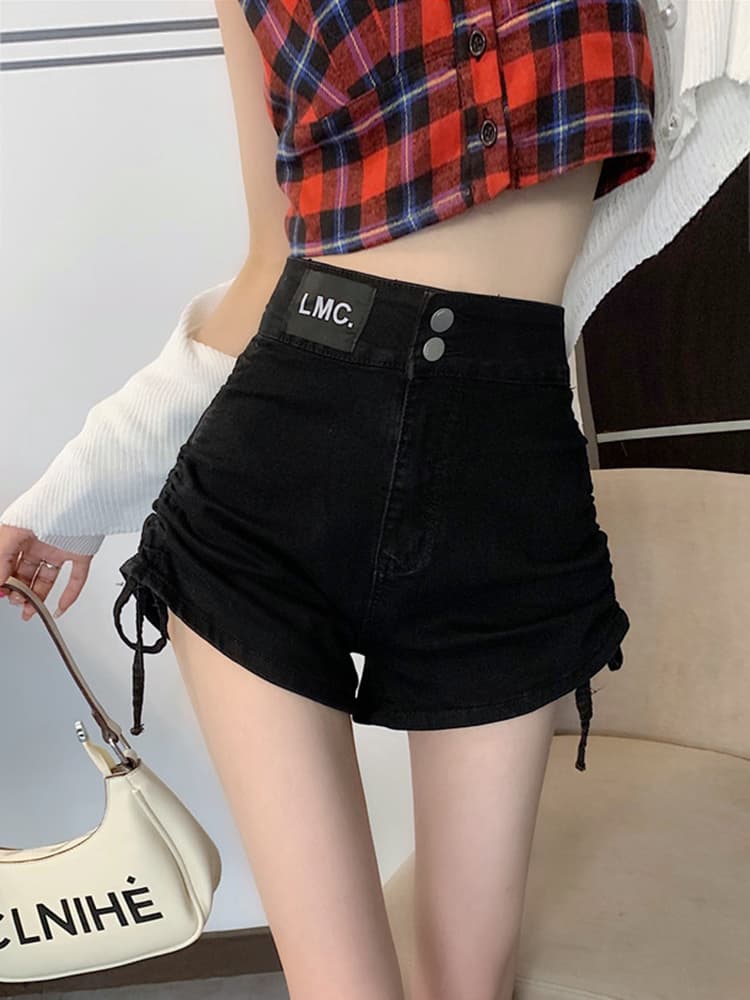黒パンツ 絞り紐付きハイウエストデニムショート