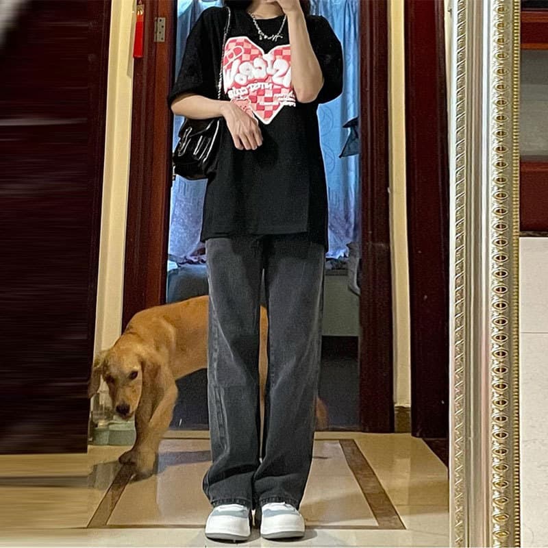 黒パンツ 古着風ゆったりストレートデニム
