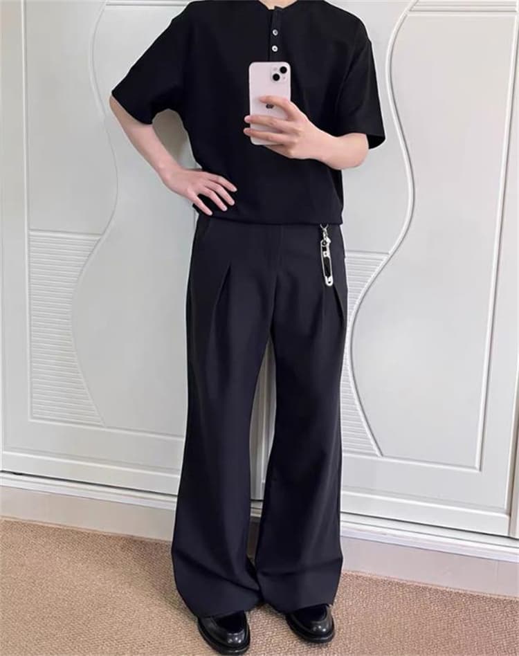 黒パンツ リネン混ゆったりワイドパンツ