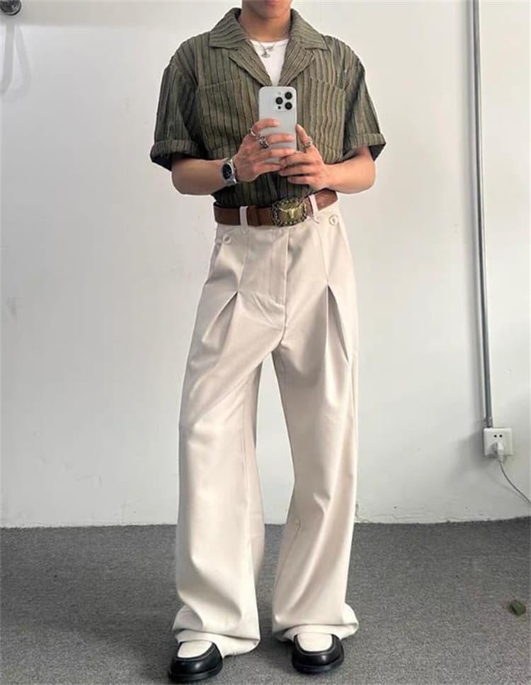 黒パンツ リネン混ゆったりワイドパンツ