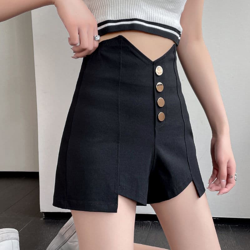 黒パンツ アシンメトリーボタンデザインパンツ