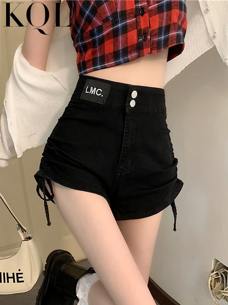 黒パンツ 絞り紐付きハイウエストデニムショート