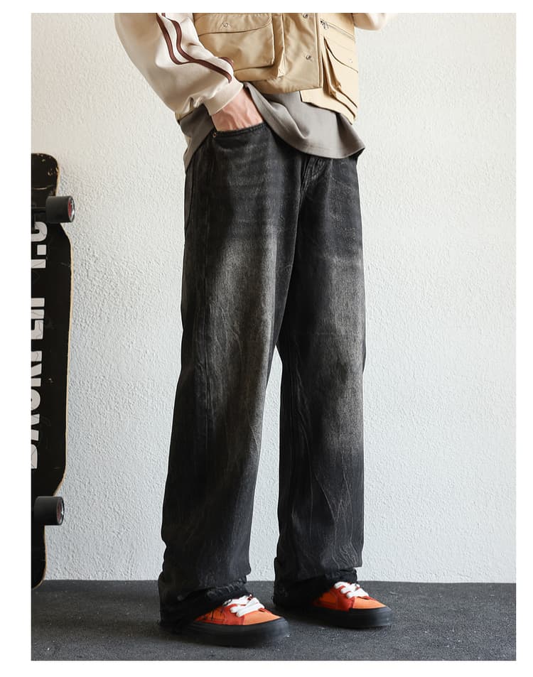 黒パンツ ヴィンテージ加工デニムワイドパンツ
