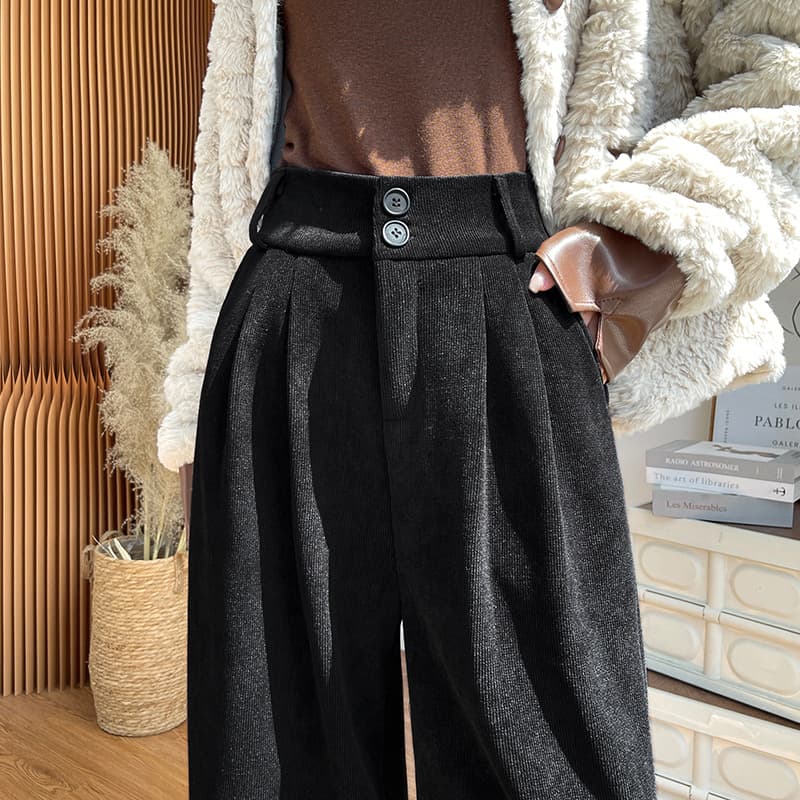 黒パンツ リラックスプリーツワイドロングパンツ