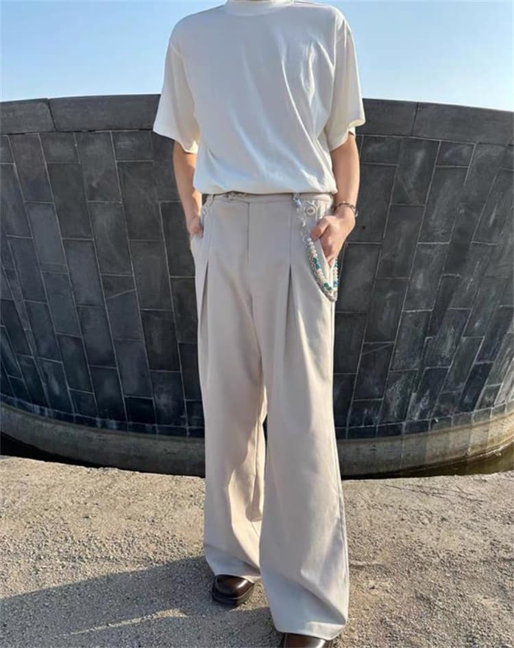 黒パンツ リネン混ゆったりワイドパンツ