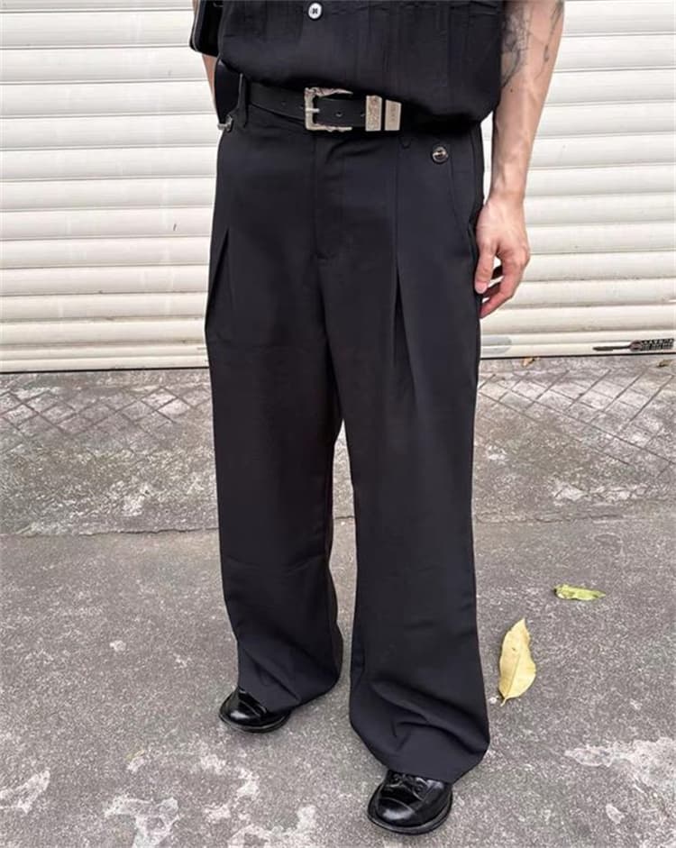 黒パンツ リネン混ゆったりワイドパンツ