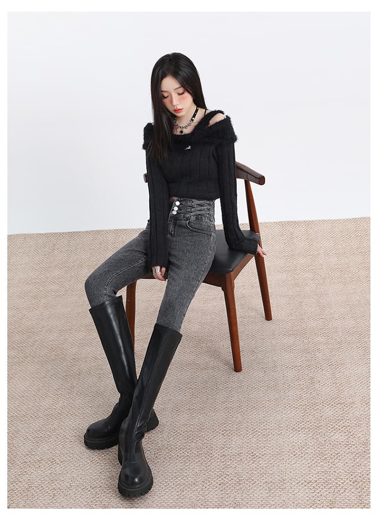 黒パンツ ハイウエストデザインパンツ