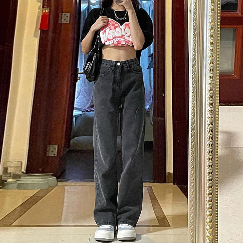 黒パンツ 古着風ゆったりストレートデニム