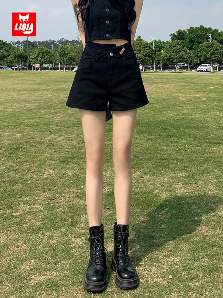 黒パンツ ハイウエスト デニム ショートパンツ