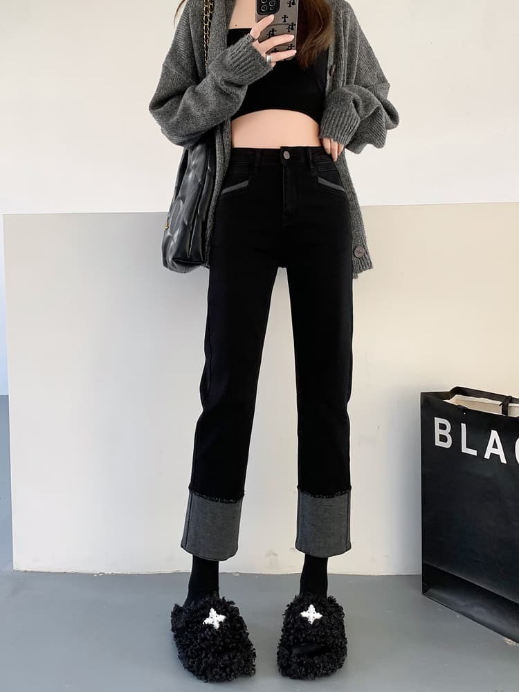 黒パンツ 裾グレー切替デニムパンツ