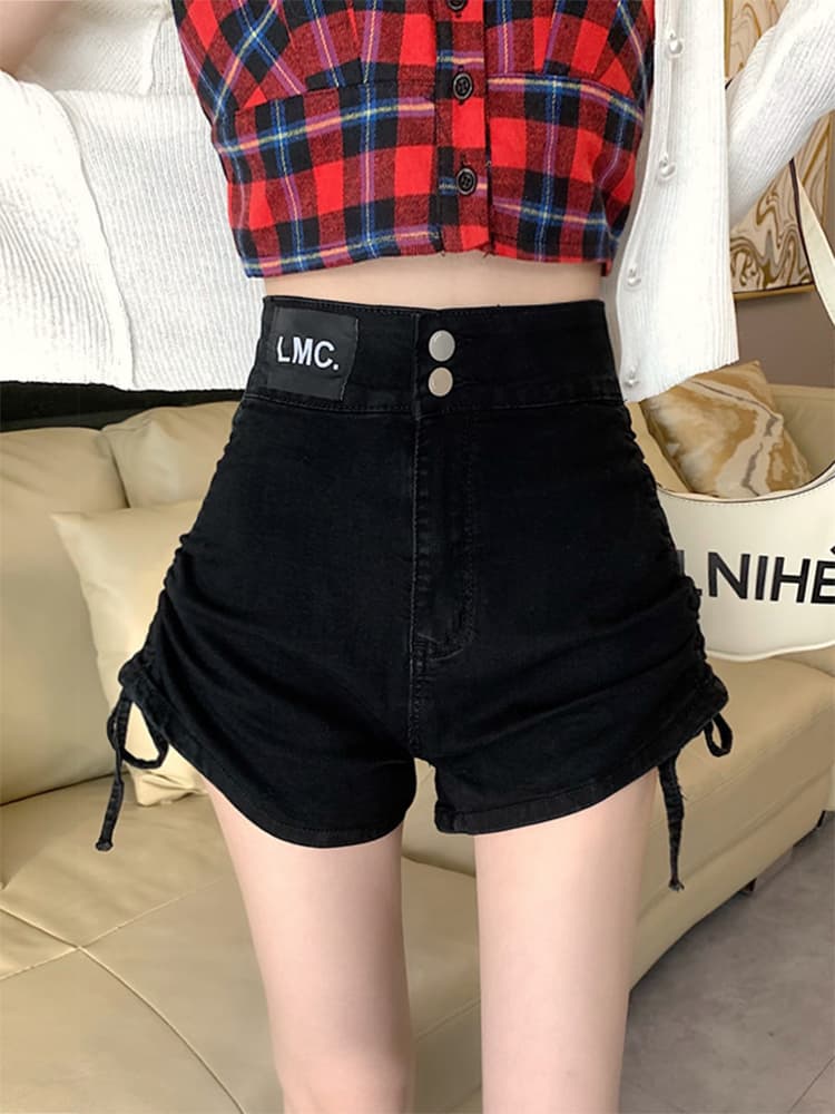 黒パンツ 絞り紐付きハイウエストデニムショート