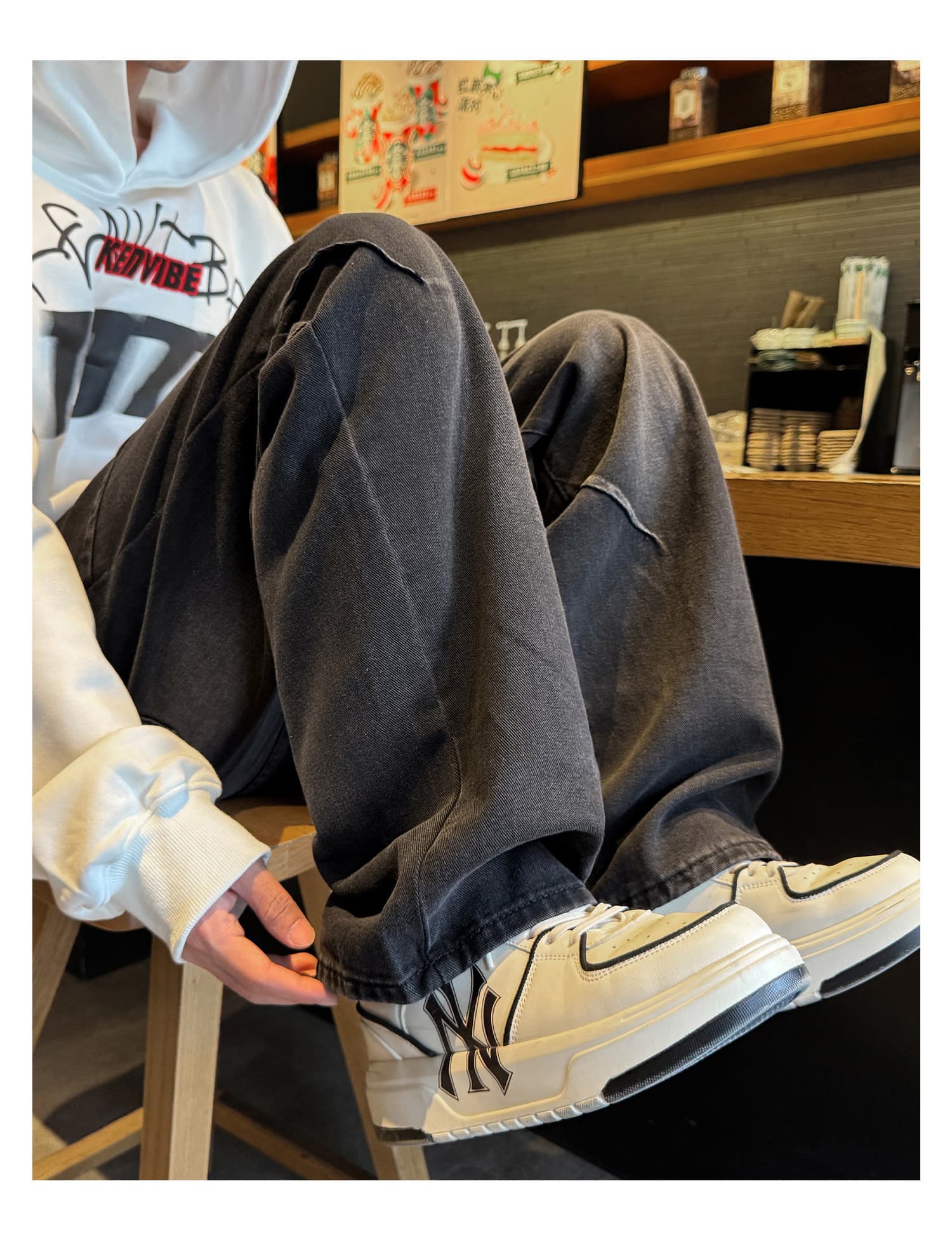 黒パンツ 切替デザイン ワイドデニムパンツ
