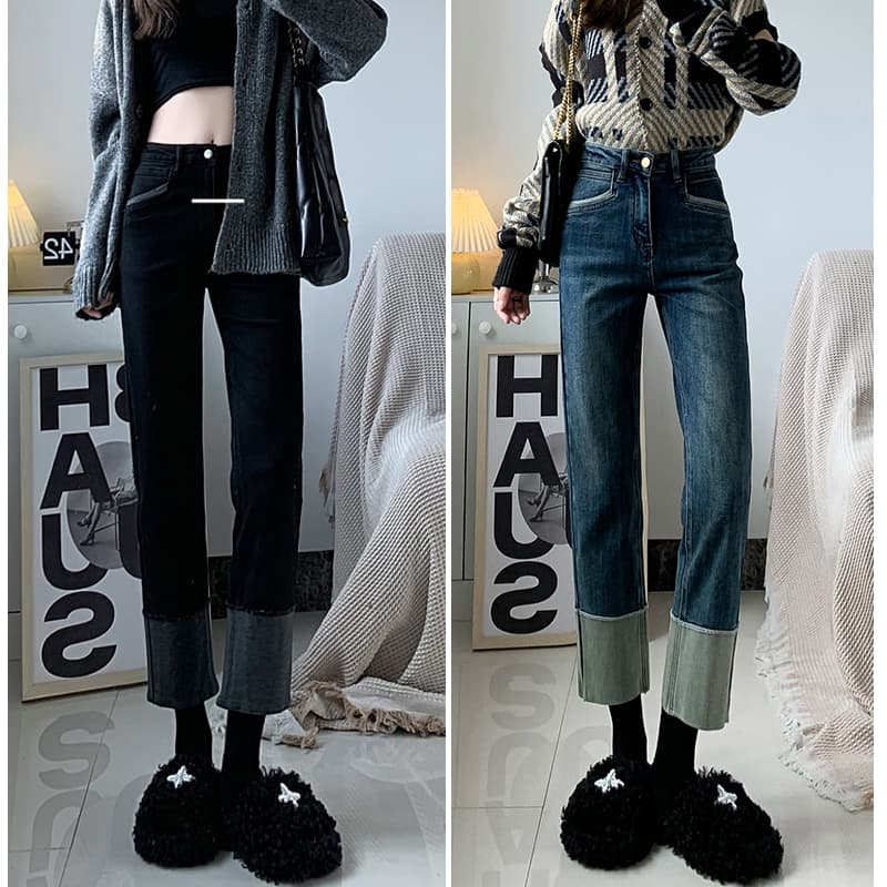 黒パンツ 裾グレー切替デニムパンツ