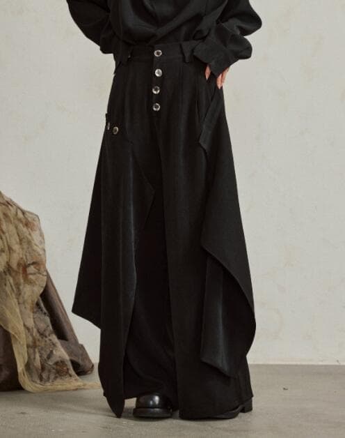 メンズ黒パンツ ワイド不規則デザイン暗黒系ズボン