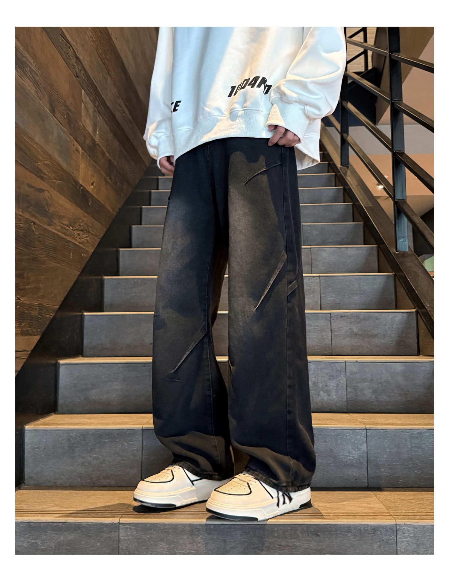黒パンツ 切替デザイン ワイドデニムパンツ
