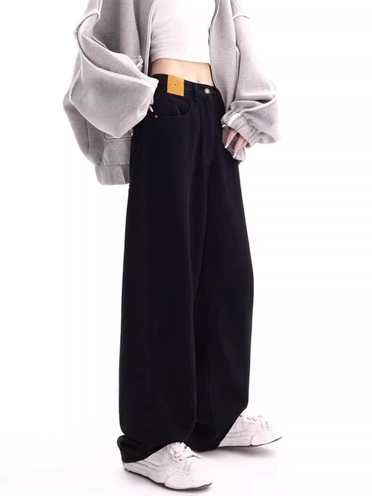 黒パンツ ストリートカジュアル ワイドデニム