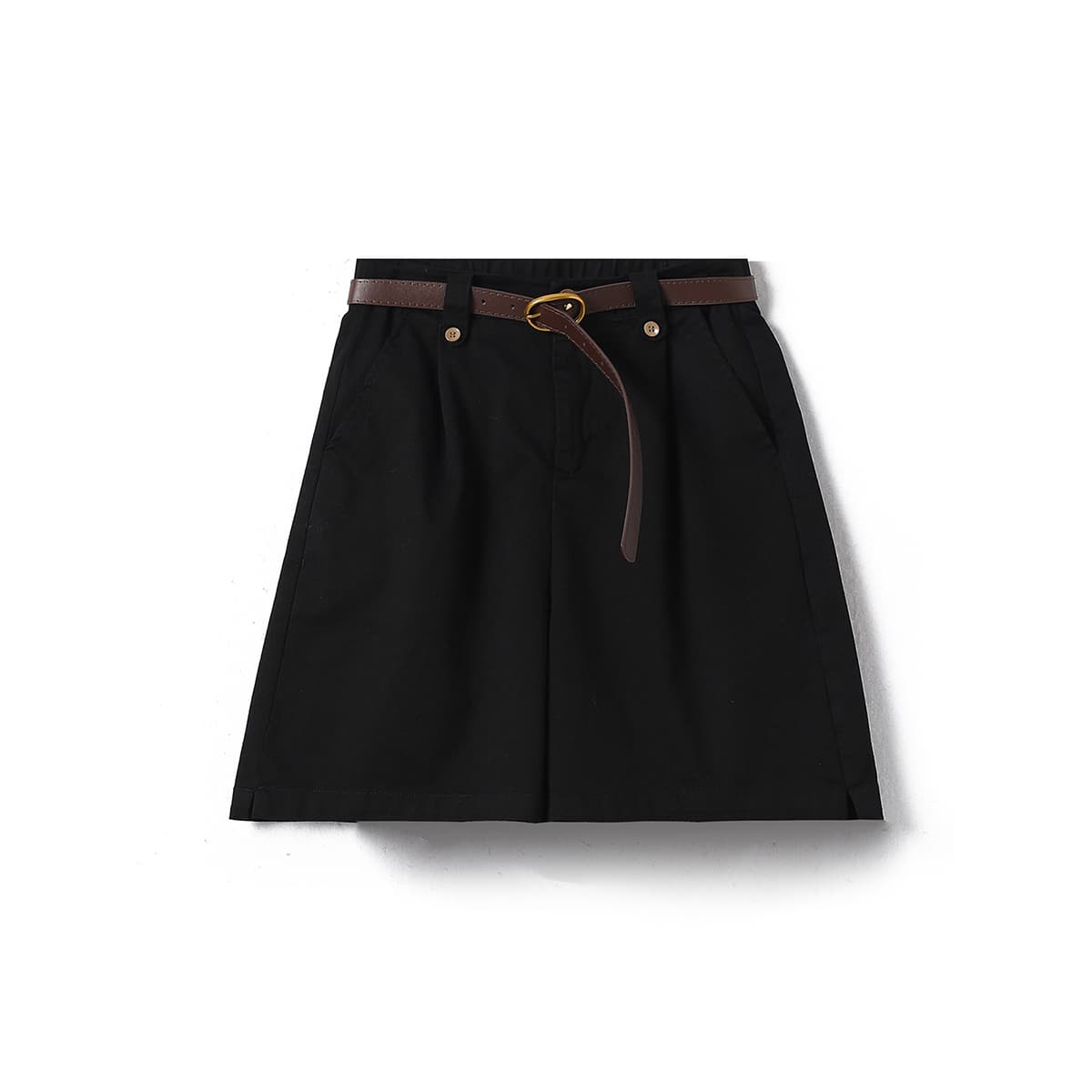黒パンツ フロントプリーツ ベルト付き キュロット