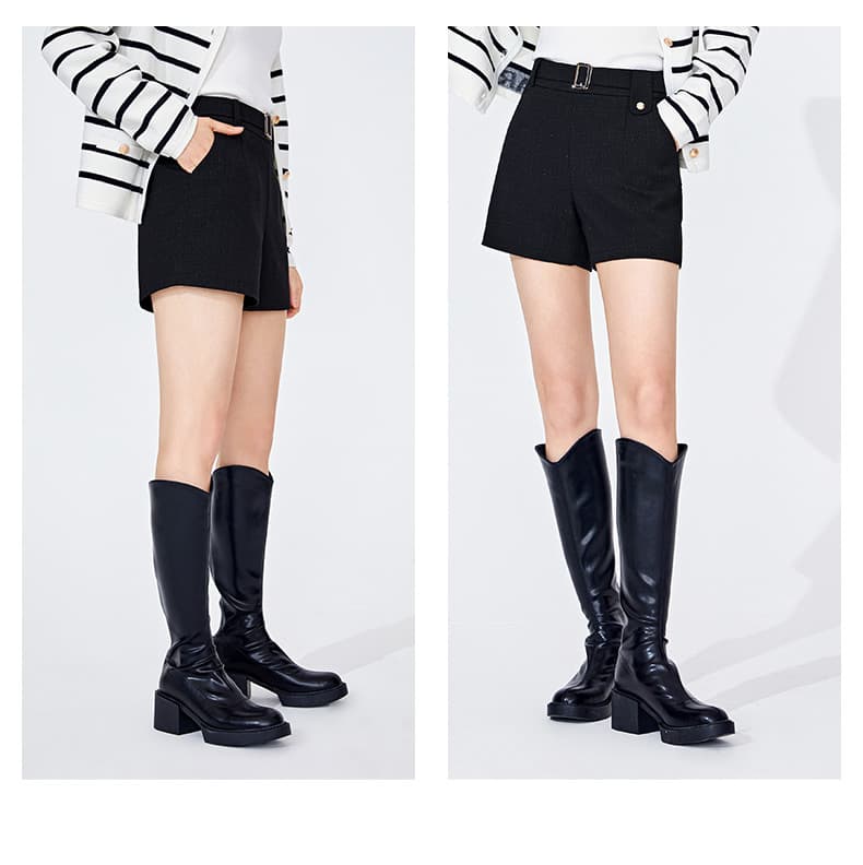 黒パンツ ベルト付き上質素材ショートパンツ