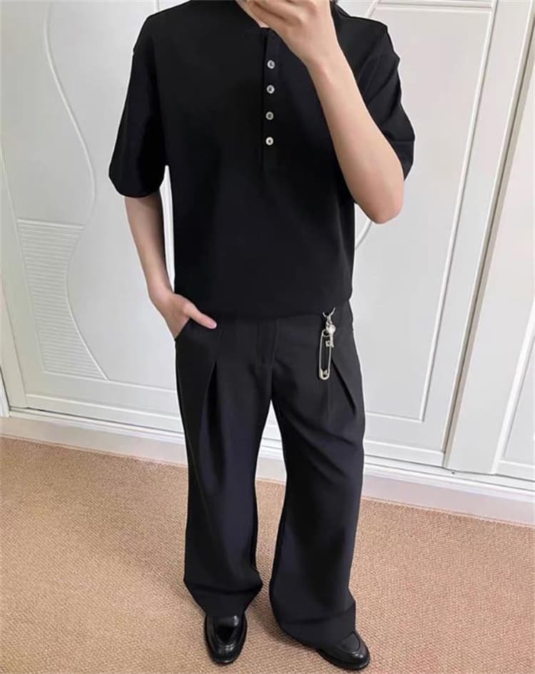黒パンツ リネン混ゆったりワイドパンツ